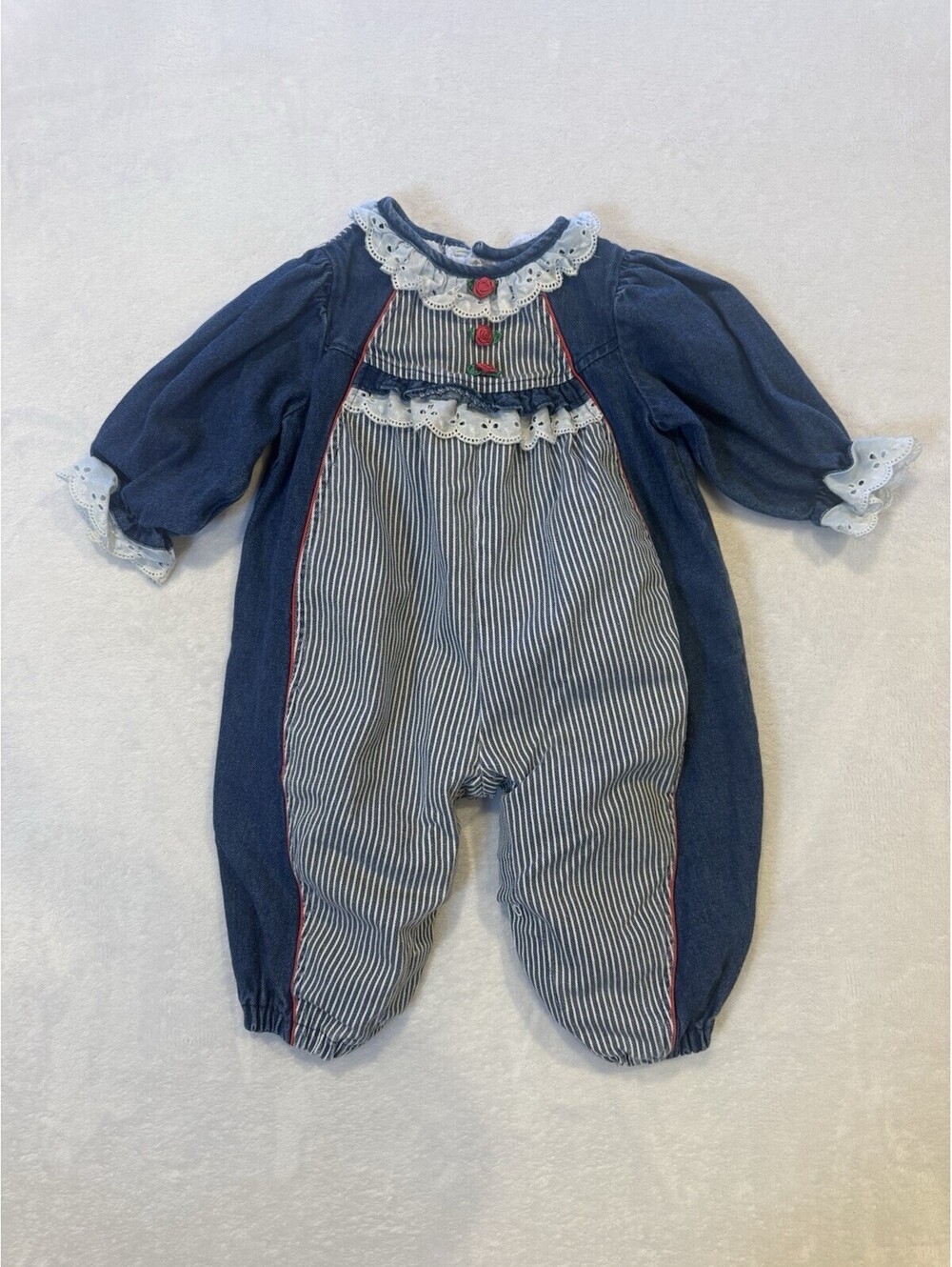 Prjor Originals Denim Jean Romper One Piece Snap Ruffles Roses Sz 2